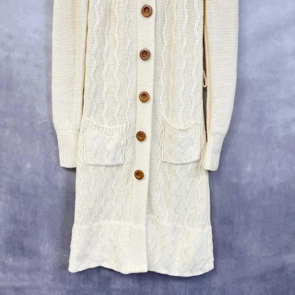 Vtg 70s Gemini Collection Long Cardigan Sweater Women Medium Cable Knit Cottage